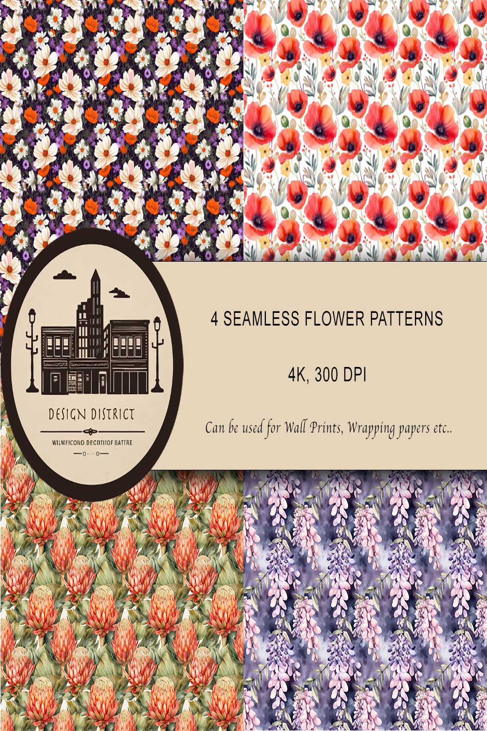 4 Seamless Flower/Floral/Botanical Patterns pinterest preview image.