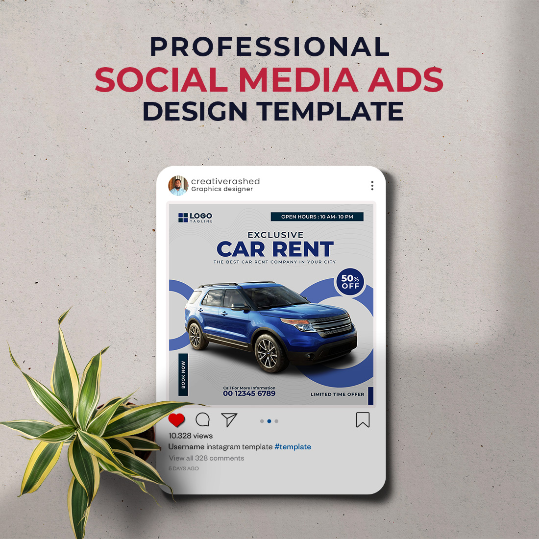 Professional & Creative Modern Car Rent Social Media Ads Banner Design Template preview image.