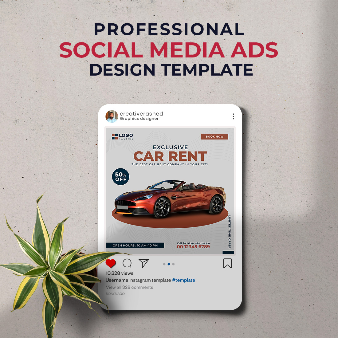 Professional & Creative Modern Car Rent Social Media Ads Banner Design Template preview image.