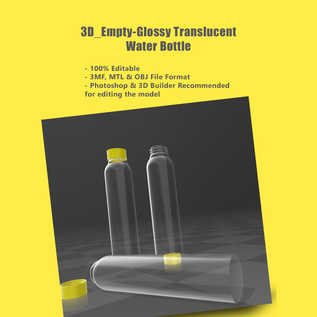 3D Empty Glossy Translucent Water Bottle preview image.