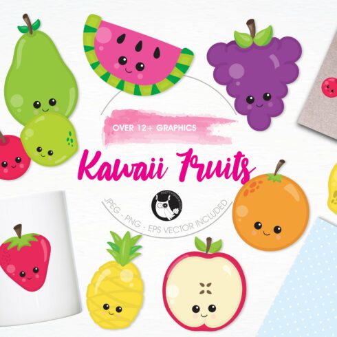 Kawaii fruits illustration pack cover image.
