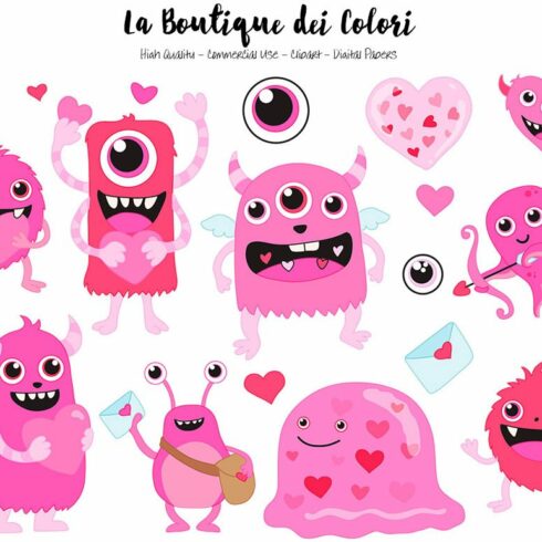 Pink Valentines Day Monsters Clipart cover image.