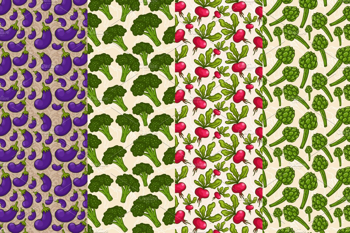 8 seamless vegetable patterns preview image.