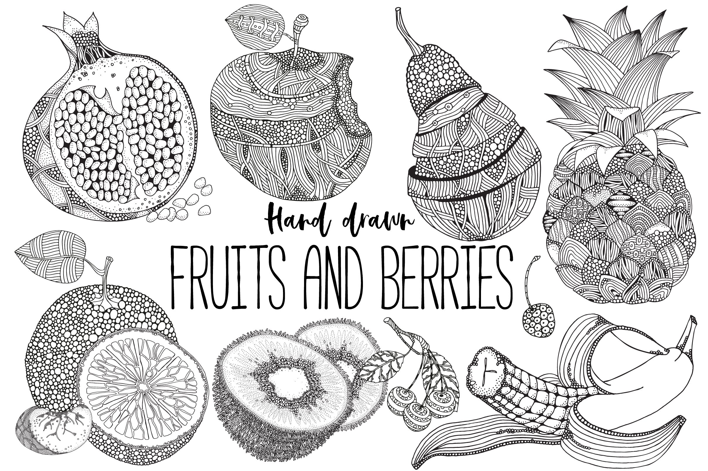 Fruits and berries - hand drawn set cover image.