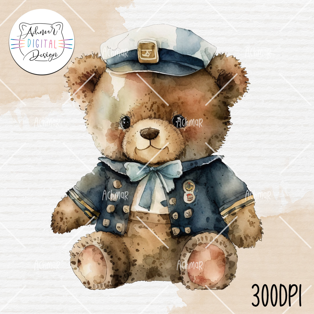 Teddy Bear Captain Watercolor Clipart cover image.