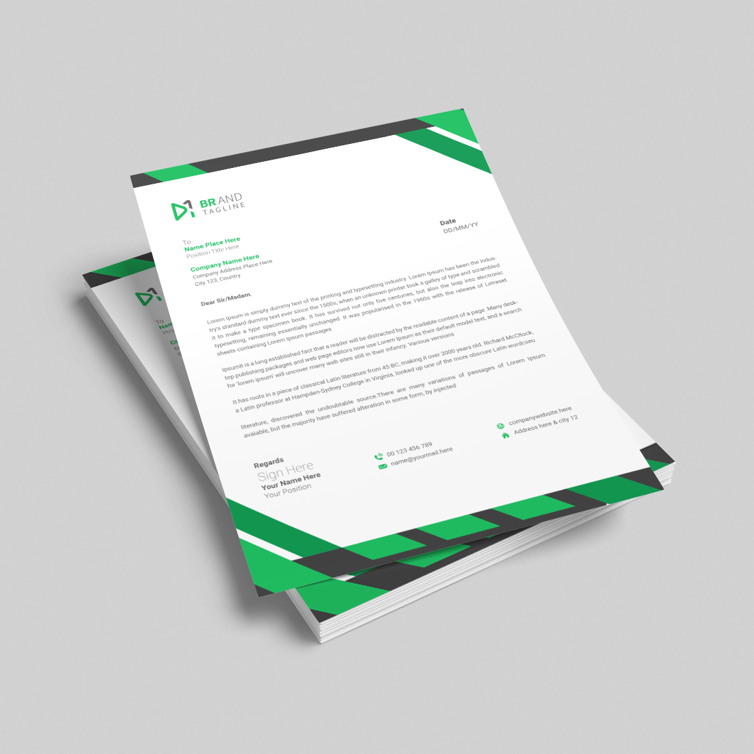 Modern green corporate letterhead design cover image.