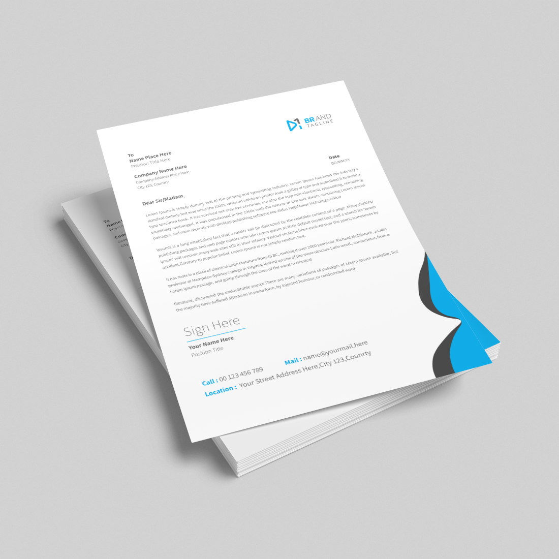 Corporate modern company business letterhead design template with blue and black color cover image.