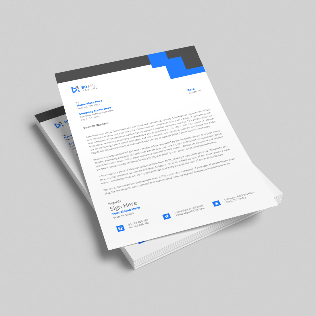 Modern Corporate business company letterhead design template with blue and black shapes cover image.