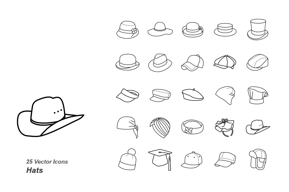 Hats outlines vector icons cover image.