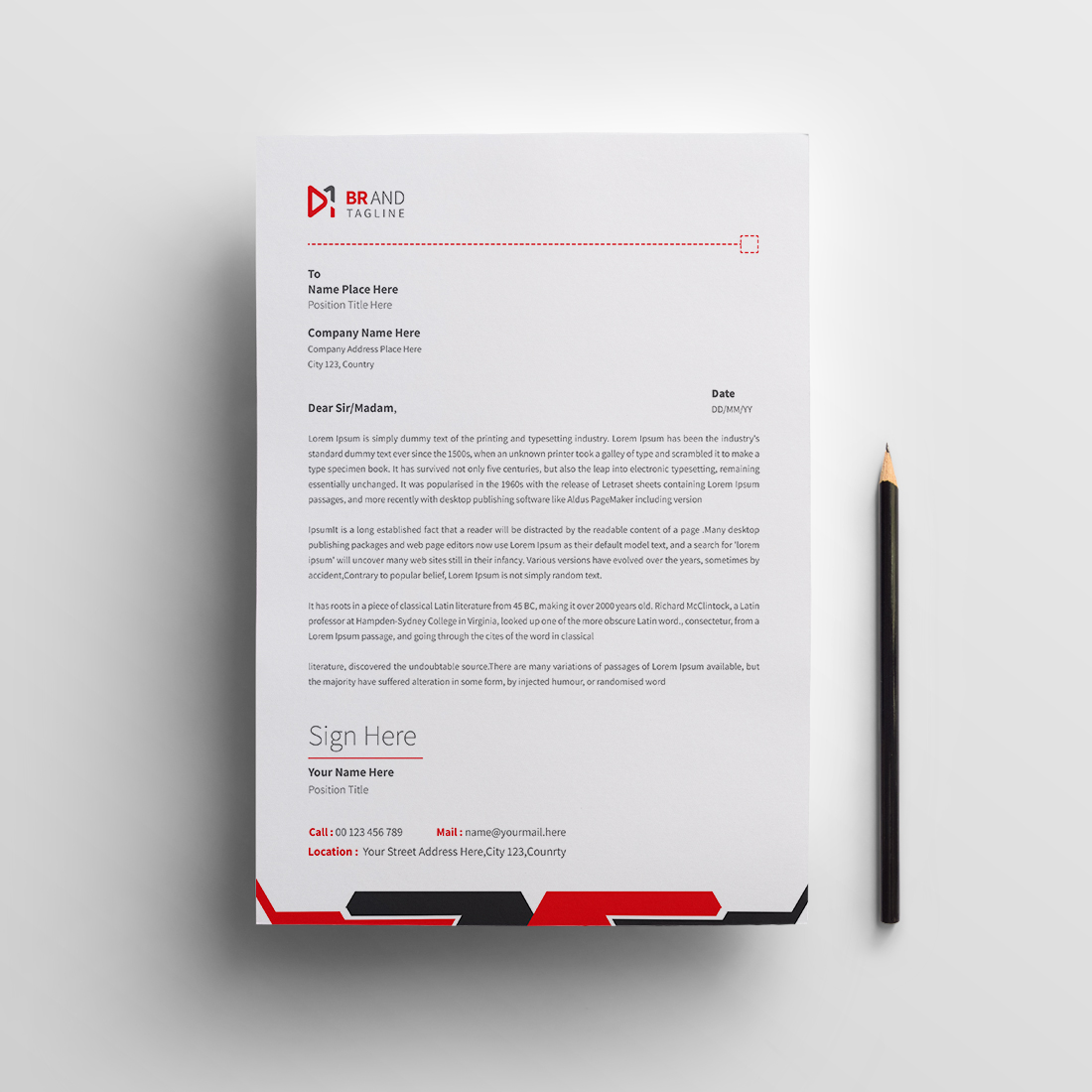 Red color corporate business letterhead design template preview image.