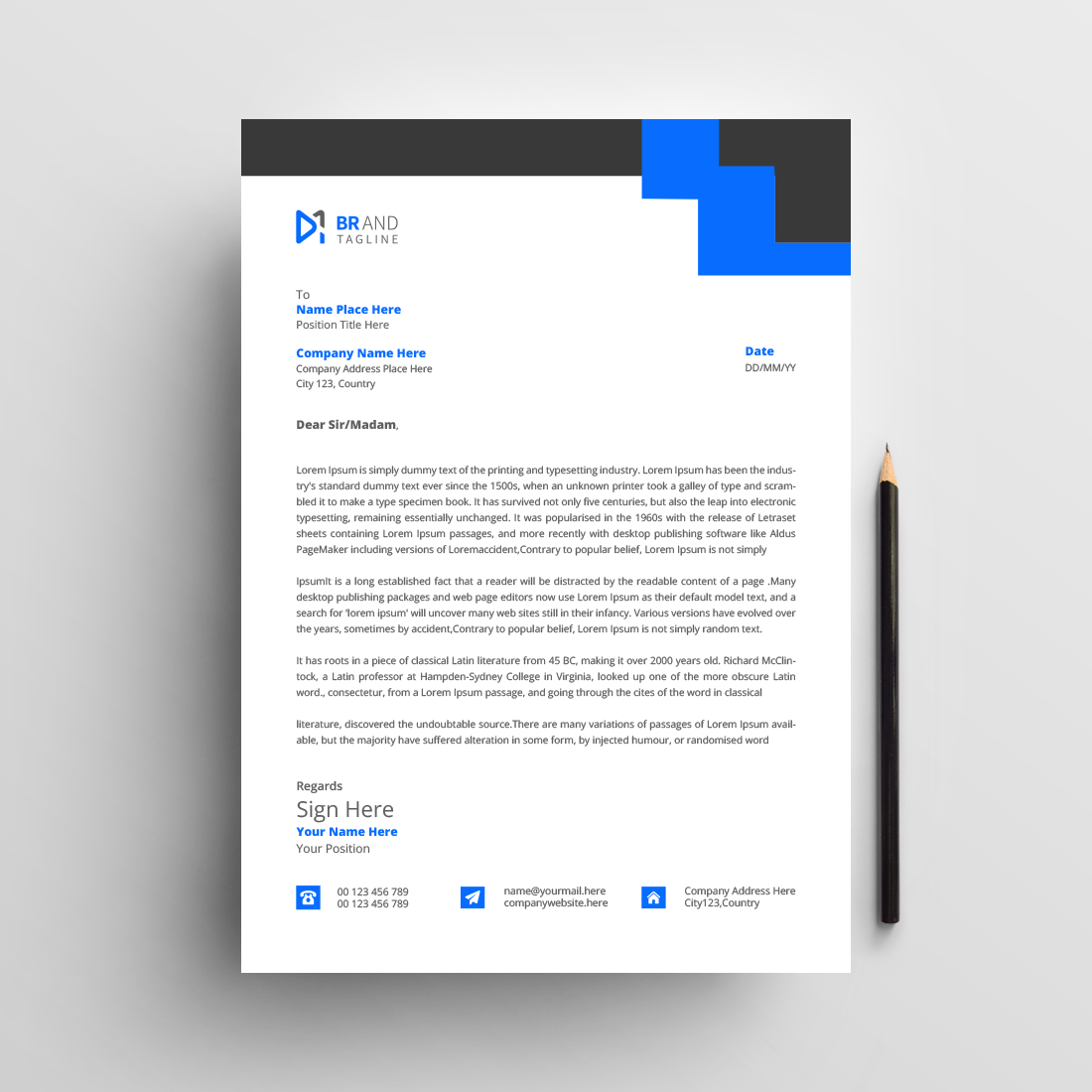 Modern Corporate business company letterhead design template with blue and black shapes preview image.