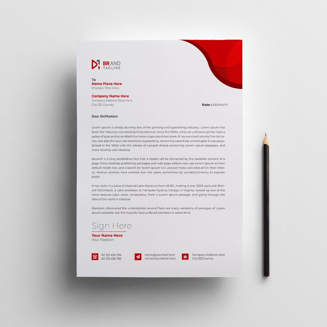 Red color corporate business letterhead design template preview image.