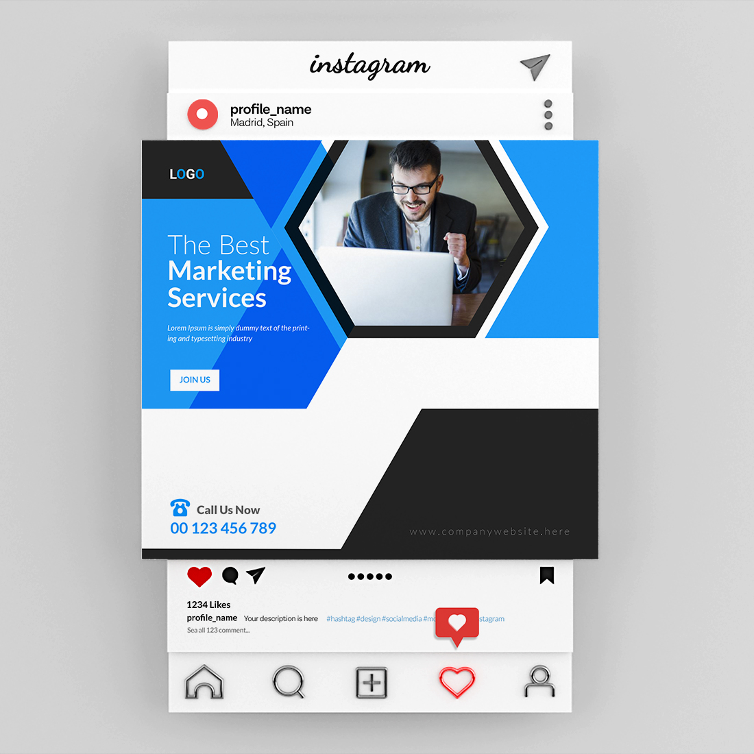 Business social media Instagram post design template preview image.