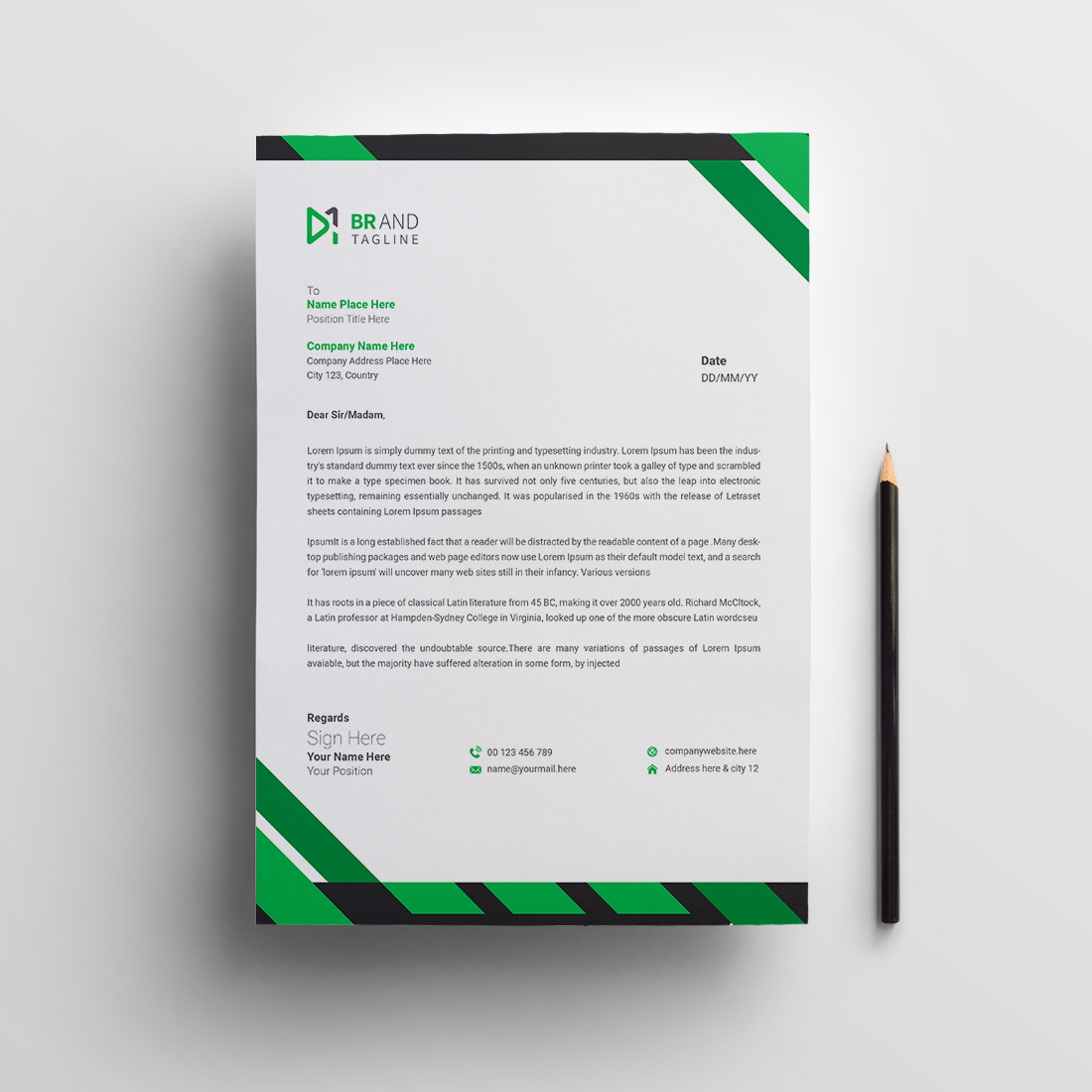 Modern green corporate letterhead design preview image.