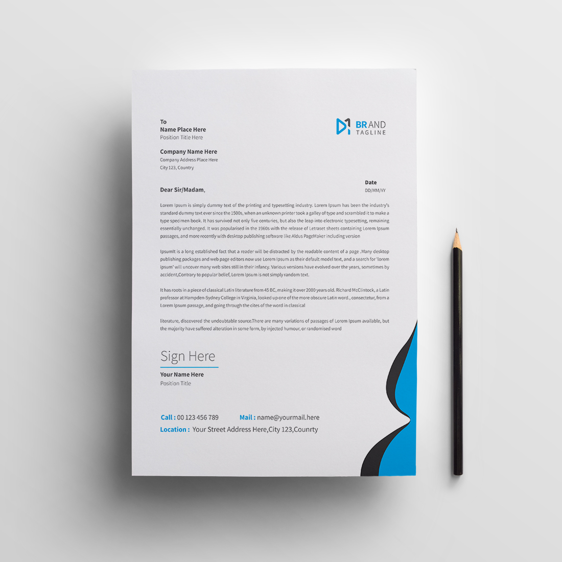 Corporate modern company business letterhead design template with blue and black color preview image.