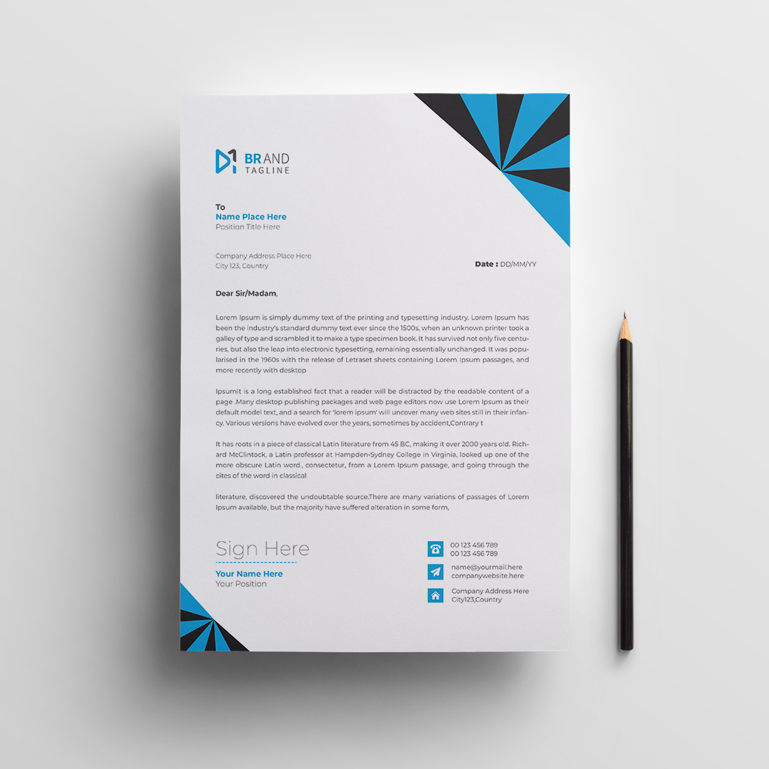 Modern and clean blue business letterhead template preview image.