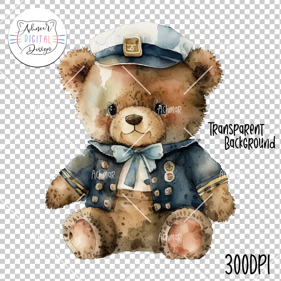 Teddy Bear Captain Watercolor Clipart preview image.