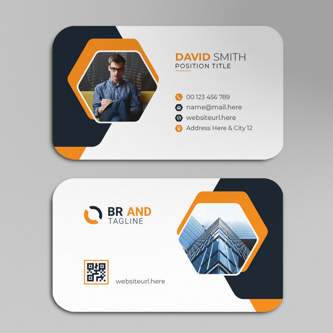 Two business cards with an orange and black design.