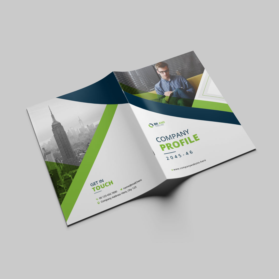 Brochure with a green and blue design.