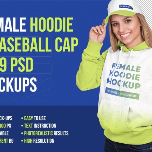 Female Hoodie & Baseball Cap Mockup cover image.