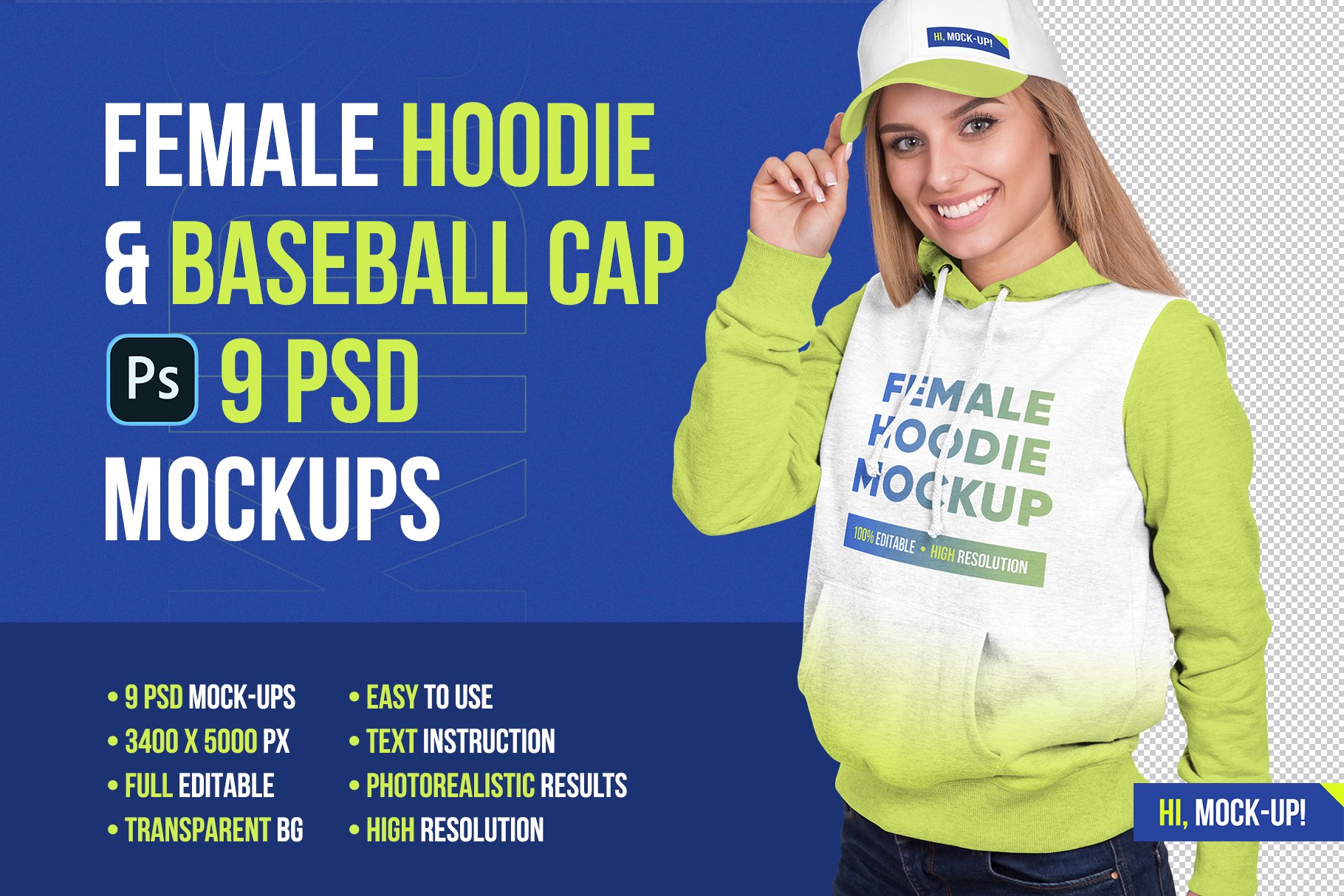 Female Hoodie & Baseball Cap Mockup cover image.