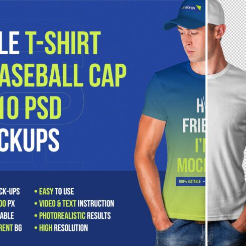Male T-Shirt and Baseball Cap Mockup cover image.