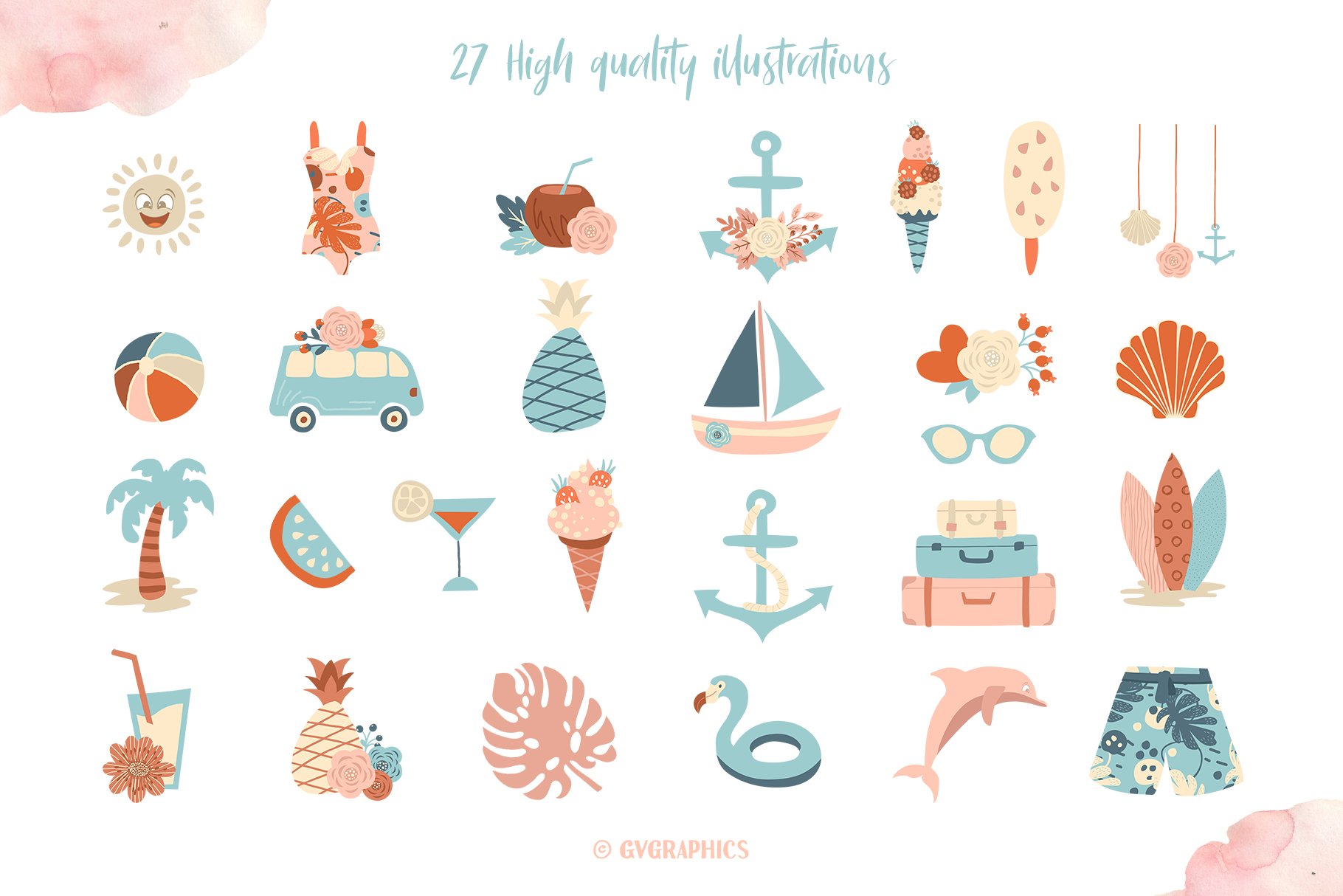 Vacation Beach Objects Illustrations preview image.