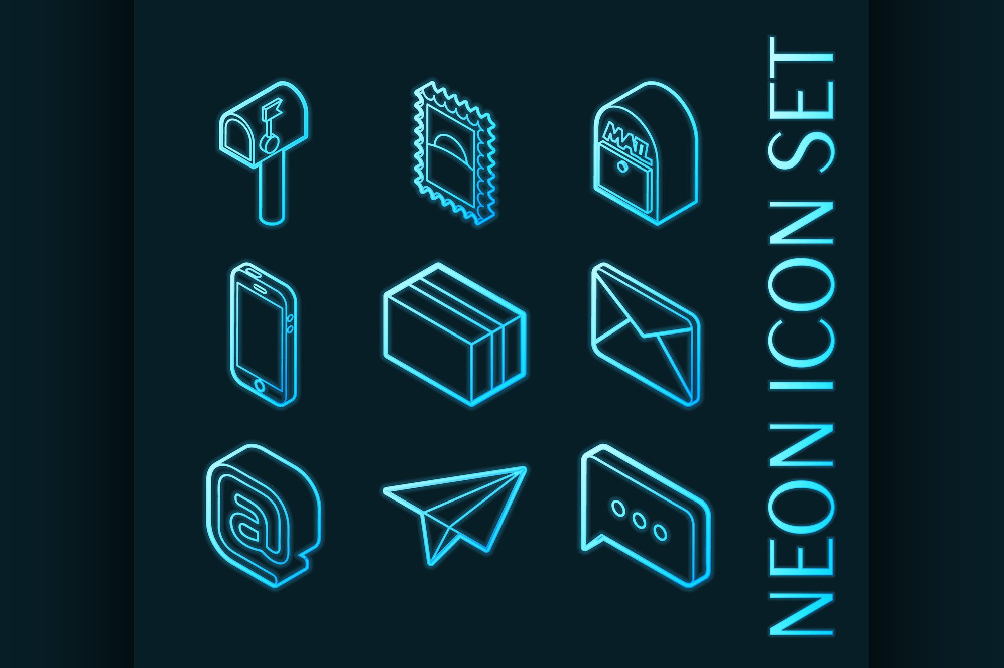 Mail set icons. Blue glowing neon cover image.