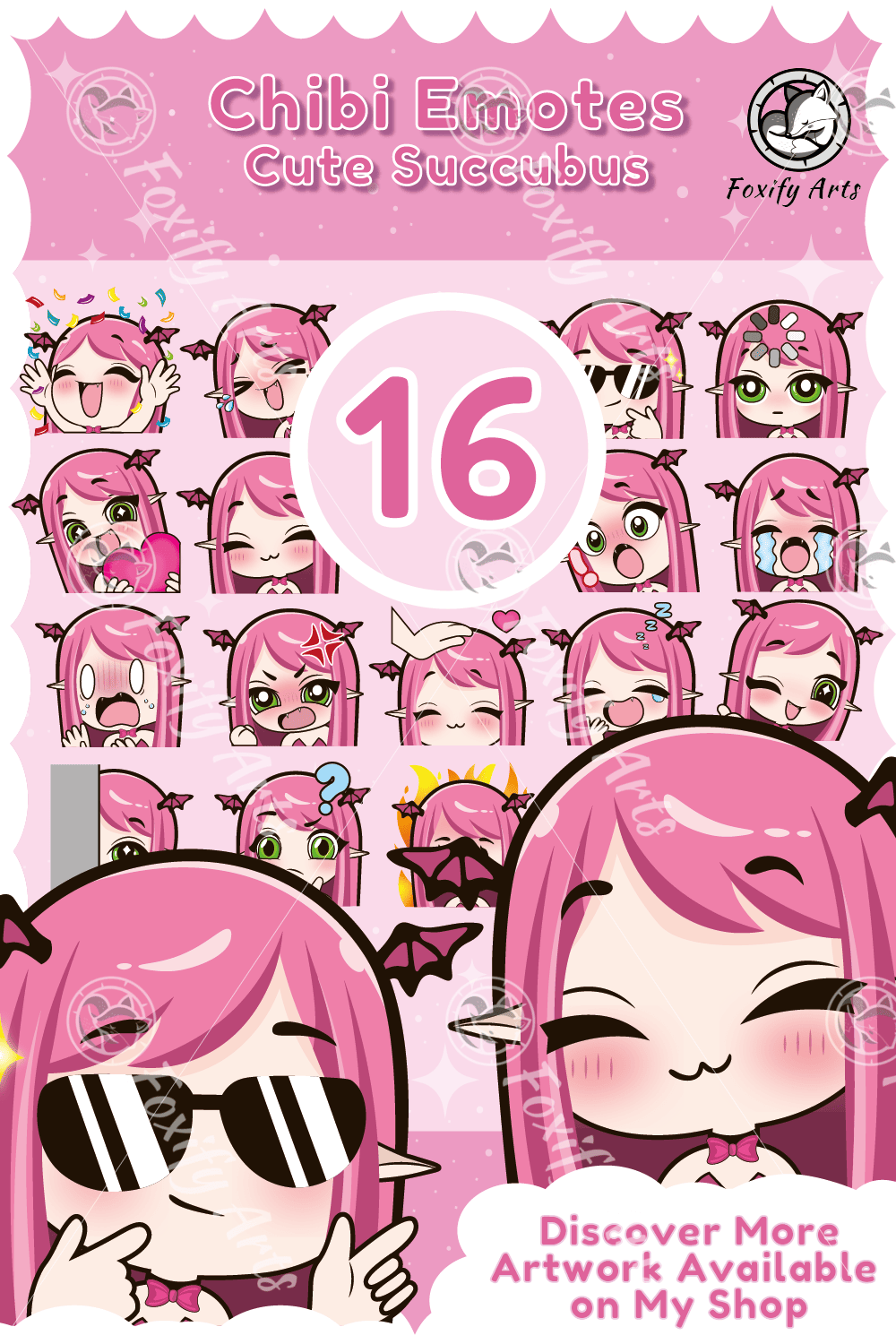 Cute Pink-Haired Succubus Chibi Stickers for Twitch Streaming pinterest preview image.