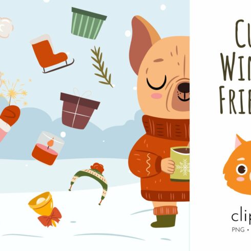 Cute Winter Animals - vector clipart cover image.