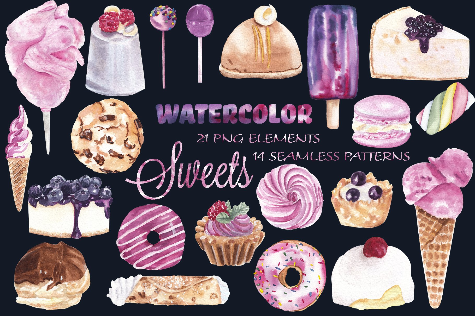 Sweets & desserts clipart & patterns cover image.