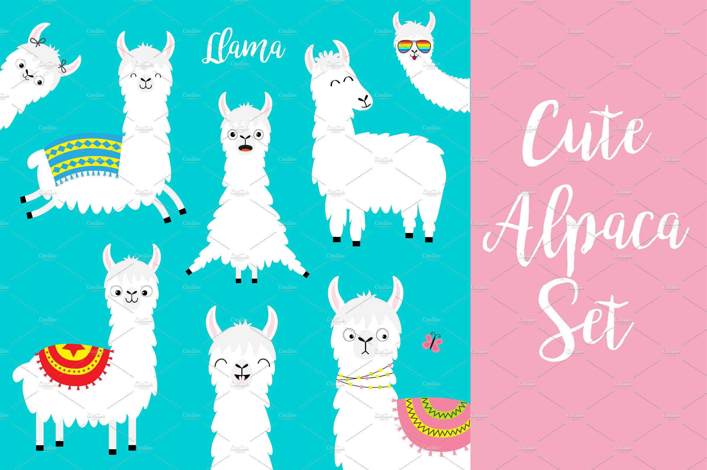 Llama alpaca set. Cute animals. cover image.