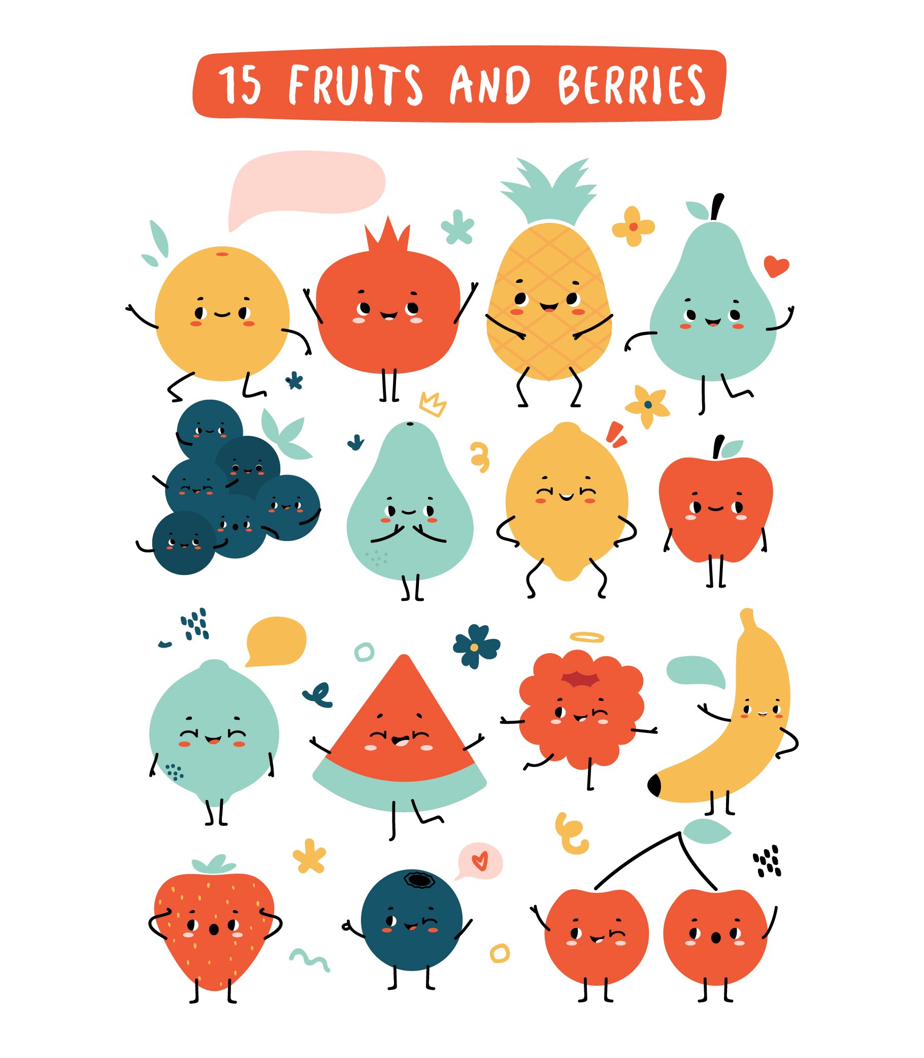 Cute kawaii fruit clipart + patterns preview image.