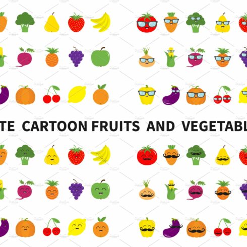 Fruit berry vegetable face icon set cover image.