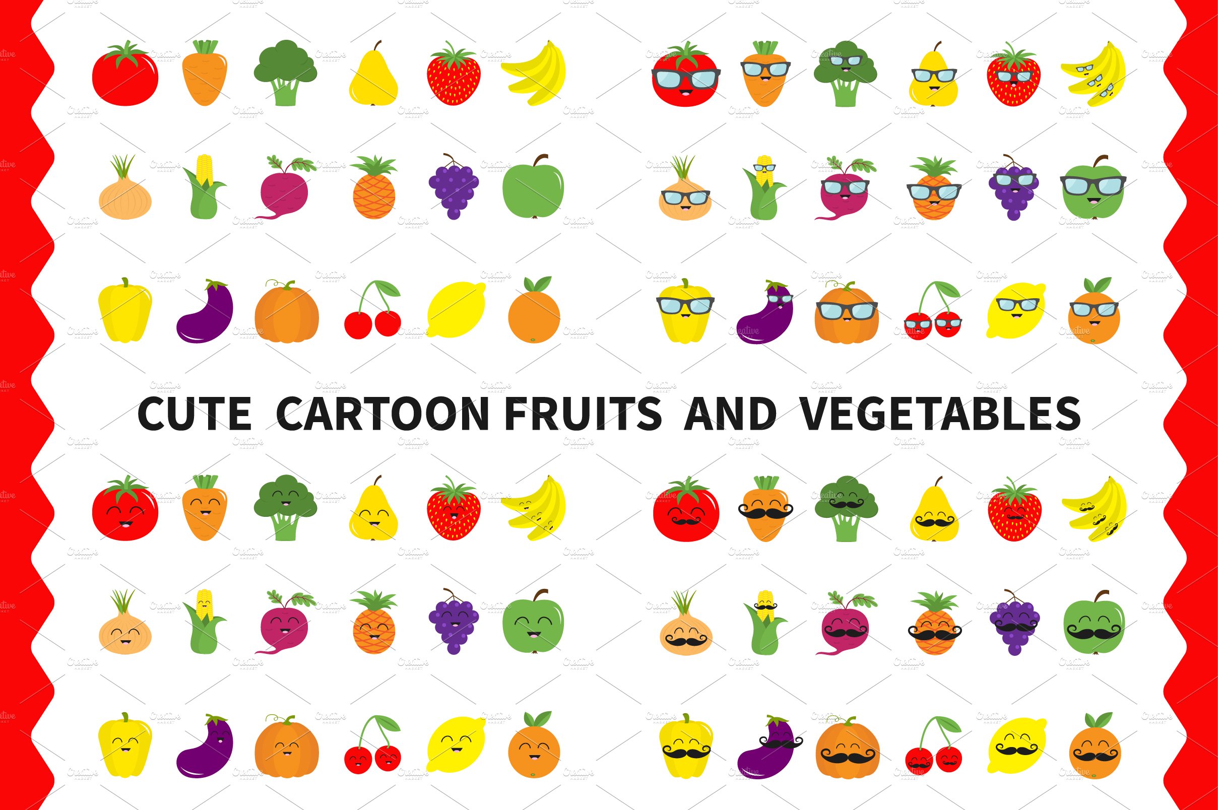 Fruit berry vegetable face icon set cover image.