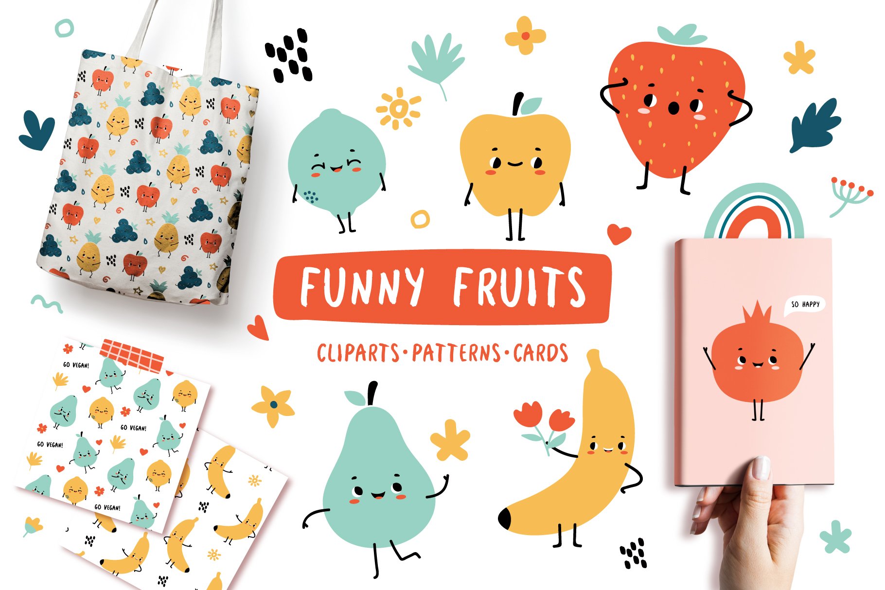 Cute kawaii fruit clipart + patterns cover image.