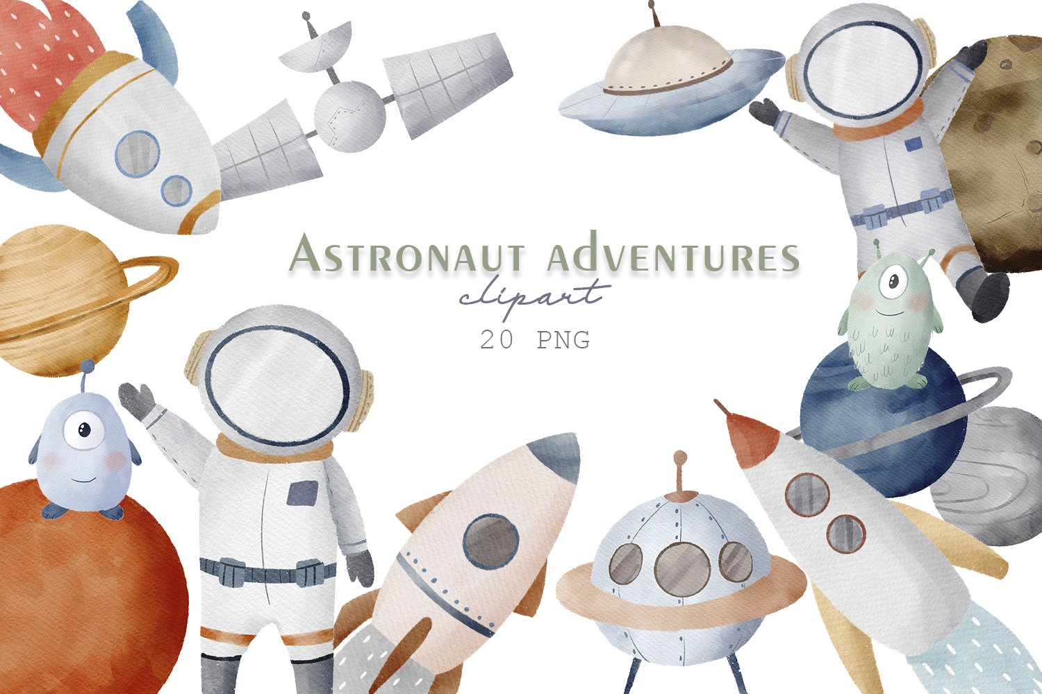 Watercolor astronaut clipart PNG cover image.