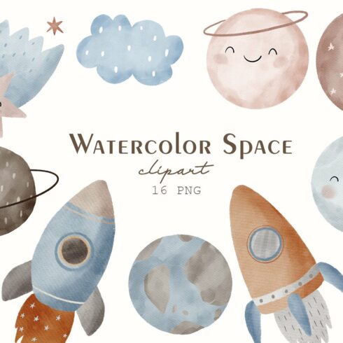 Watercolor cute space clipart PNG cover image.