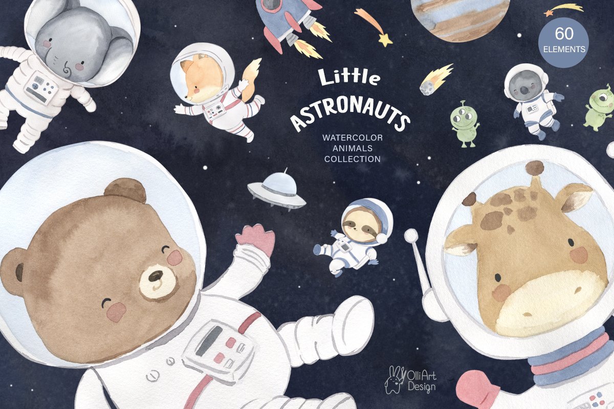 ASTRONAUT clipart. Watercolor animal cover image.