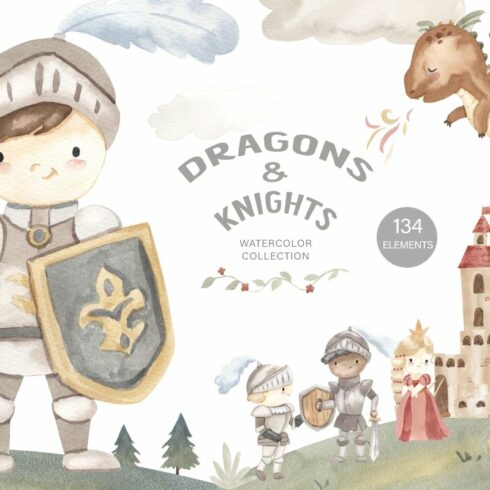 DRAGONS AND KNIGHTS. Watercolor cover image.