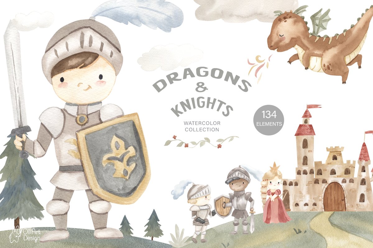 DRAGONS AND KNIGHTS. Watercolor cover image.