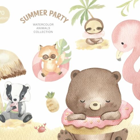 SUMMER PARTY. Watercolor animal set cover image.