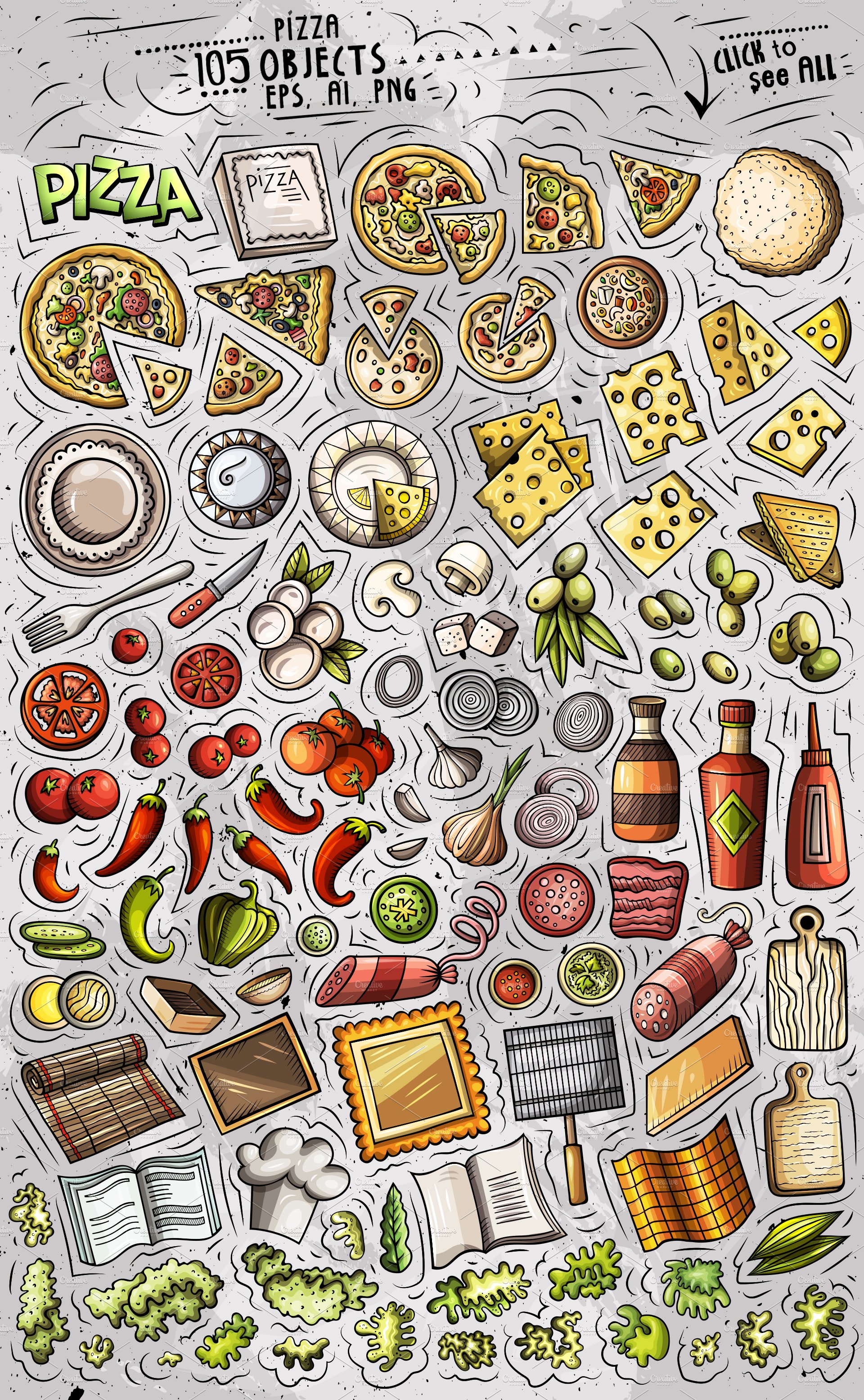 Pizza Cartoon Vector Objects Set preview image.