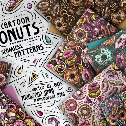 7 Donuts Cartoon Seamless Patterns cover image.