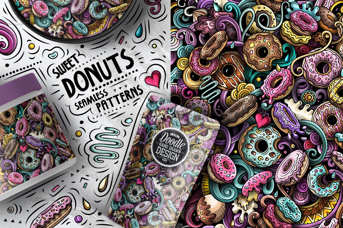 7 Donuts Cartoon Seamless Patterns preview image.