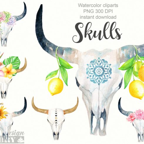 Watercolor longhorn cliparts cover image.
