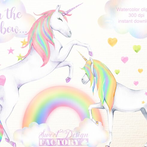 Watercolor rainbow unicorn cliparts cover image.
