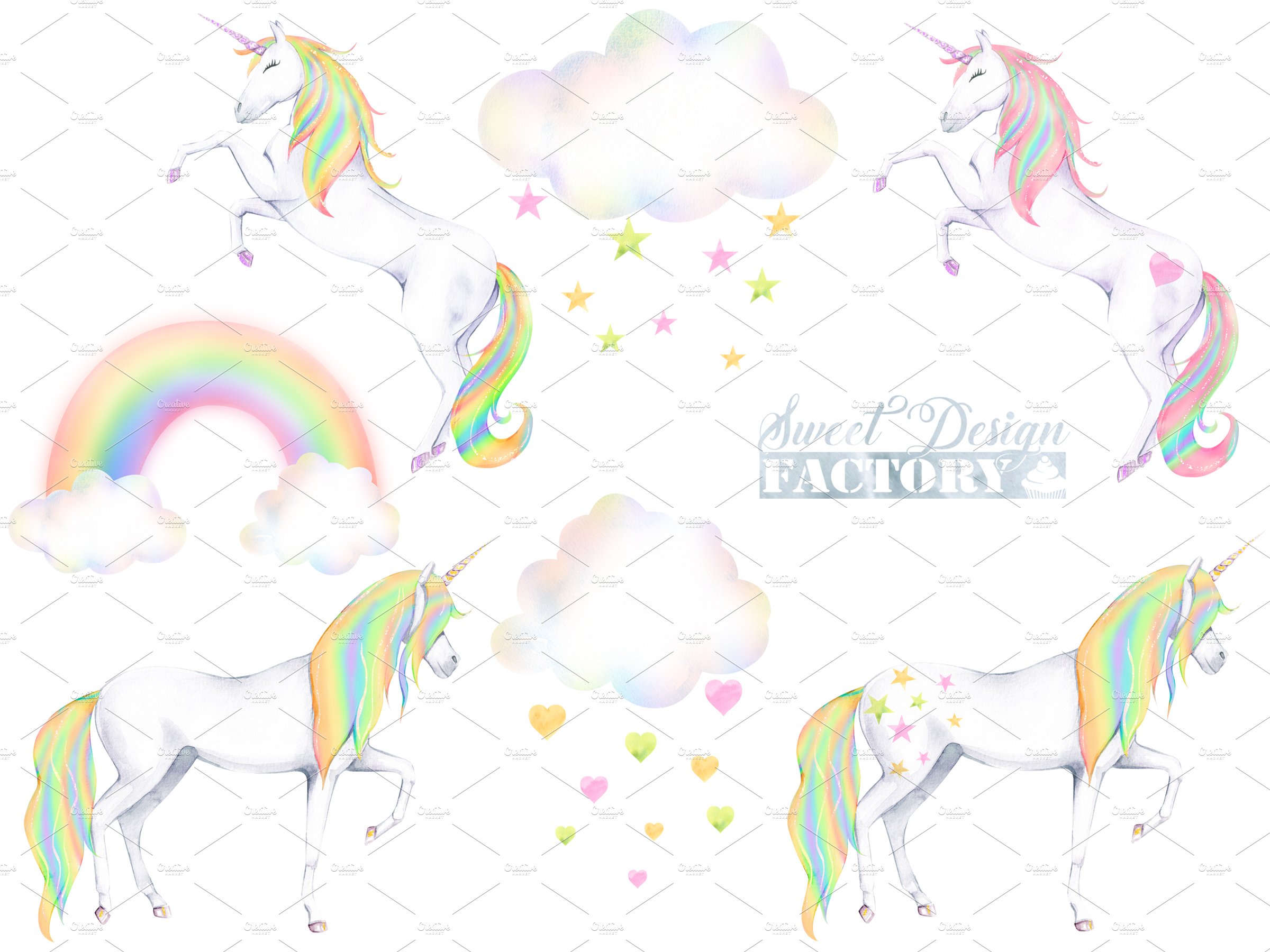 Watercolor rainbow unicorn cliparts preview image.