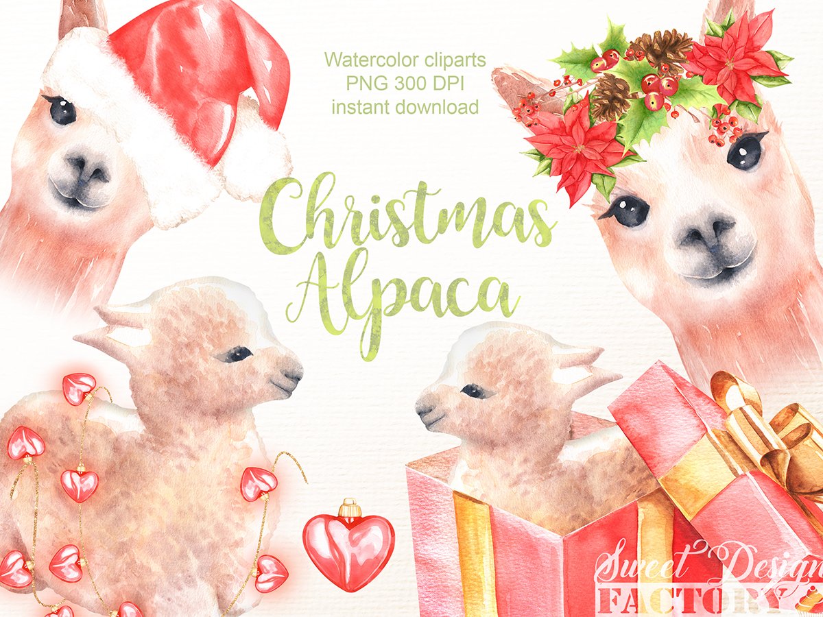 Christmas alpaca clipart. cover image.