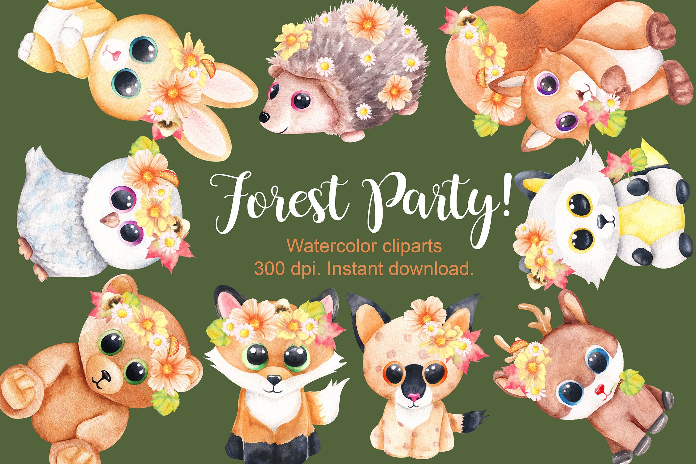 Animals and flowers cliparts preview image.